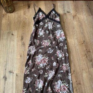 H&M Brown Floral Slip Maxi Dress V Neck Lace Women The Brock Collection Size XS